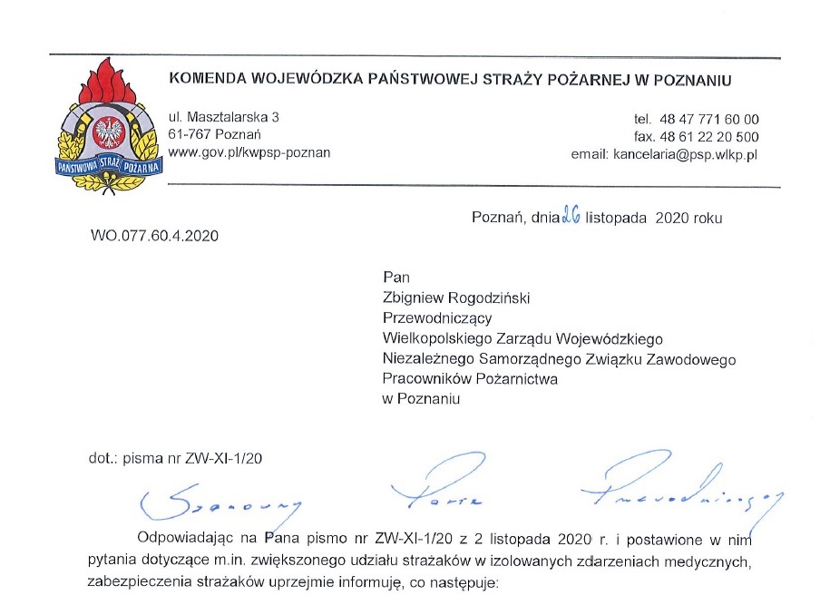 27 - 11 - 2020 - Wystąpienie związku i odpowiedz KW PSP w sprawie udziału zastępów PSP kierowanych do działań w związku z brakiem ZRM (...)