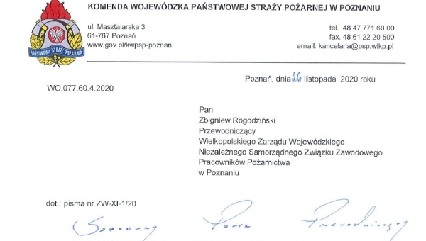 27 - 11 - 2020 - Wystąpienie związku i odpowiedz KW PSP w sprawie udziału zastępów PSP kierowanych do działań w związku z brakiem ZRM (...)