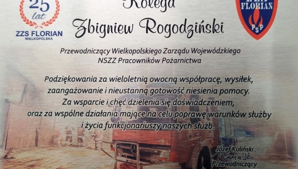 17 - 06 - 2021 - Udział Przewodniczącego WIELKOPOLSKIEGO ZARZĄDU WOJEWÓDZKIEGO NIEZALEŻNEGO SAMORZĄDNEGO ZWIĄZKU ZAWODOWEGO PRACOWNIKÓW POŻARNICTWA w obchodach 25 lecia wielkopolskiej organizacji związkowej strażaków FLORIAN (...)